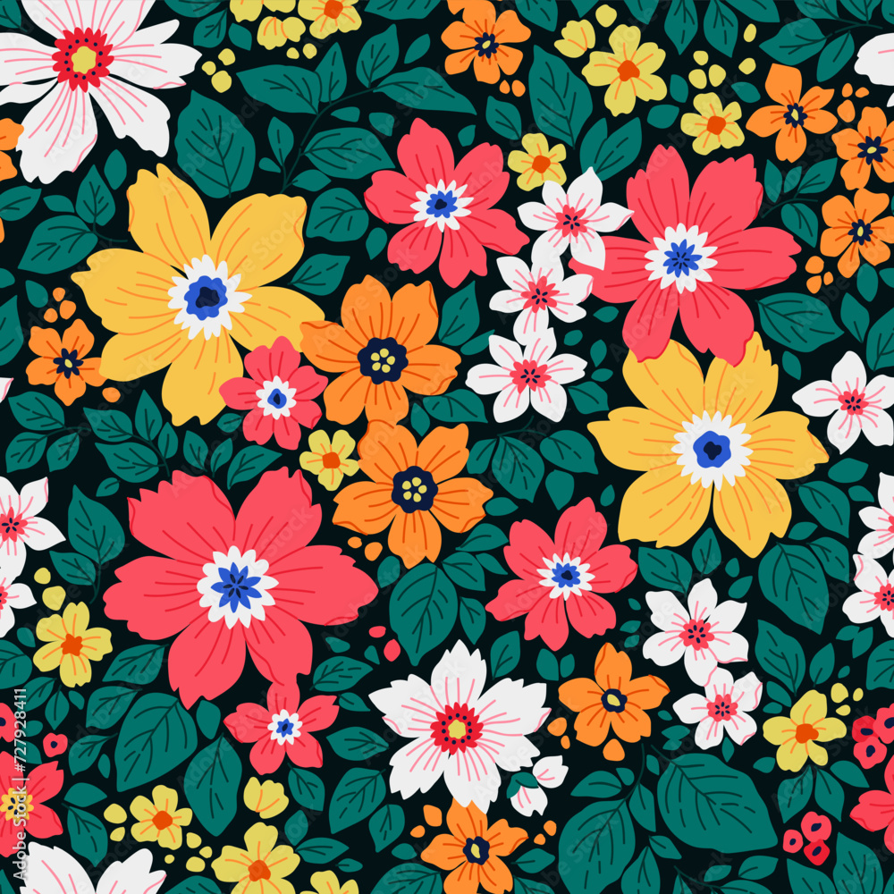 Cute floral pattern in small flowers and leaves. Delicate colorful flowers. Black background. Liberty retro print. Floral seamless background. Elegant template for fashion prints. Stock pattern. Cute floral pattern in small flowers and leaves. Delicate colorful flowers. Black background. Liberty retro print. Floral seamless background. Elegant template for fashion prints. Stock pattern.