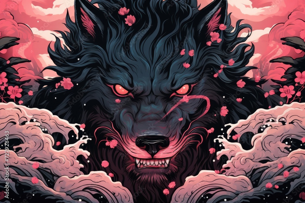 A powerful wolf with striking red eyes stands confidently against a vibrant pink sky.