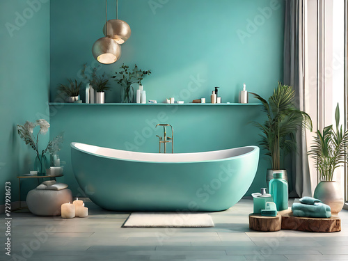 Modern turquoise bathroom interior with bath self-care products. green bathtub on the background wall. tile. pink and green palette