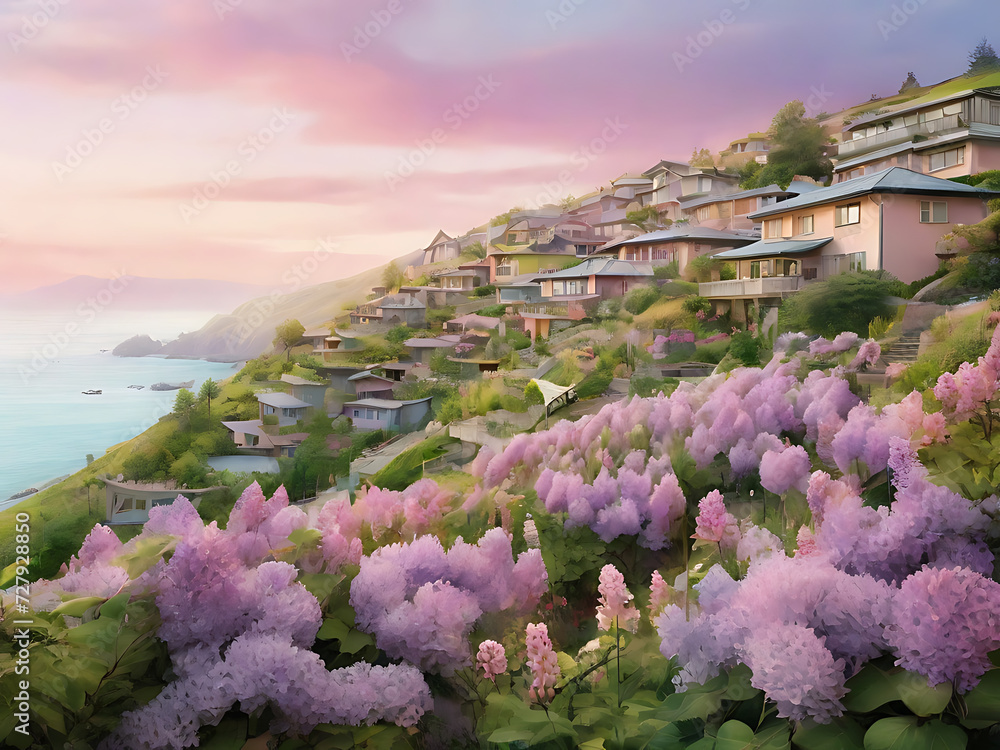Terraced homes nestle among verdant slopes and a lilac sea of blooms, under pastel skies. An idyllic image promoting eco-tourism and peaceful living spaces, with a calming color palette
