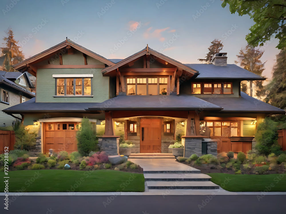 Stunning craftsman-style home meticulously constructed with a three-car garage featuring elegant wooden doors, surrounded by vibrant landscaping adorned with the luscious greenery of spring, creating
