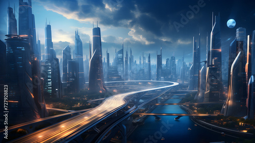 Futuristic Cityscape at Twilight With Advanced Architecture and Illuminated Roadways. AI.