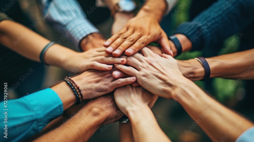 Diverse business teams join hands to support and inspire. Diverse business teams join hands to support and inspire.