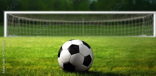 A soccer ball is positioned on a vibrant and well-maintained green field, ready for play.