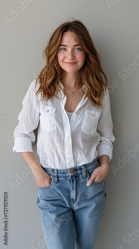 Full body photo of an attractive 30 year old woman with brown hair, intense blue eyes and a charming personality wearing a white shirt, blue jeans and sneakers, standing smiling looking into camera.