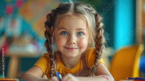 Little girl learning to draw with colored pencils in art class