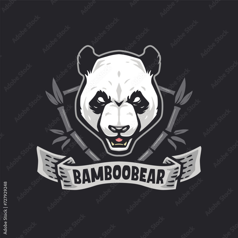 Angry Panda face vector illustration. A panda head with a bamboo shield and ribbon concept. Usable for labels, banners, or badges