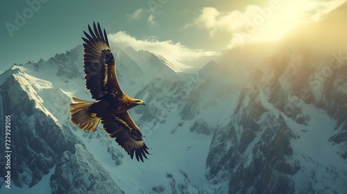 Majestic eagle soaring over snowy peaks at sunrise, symbolizing freedom. scenic landscape capture with wildlife in motion. AI © Irina Ukrainets
