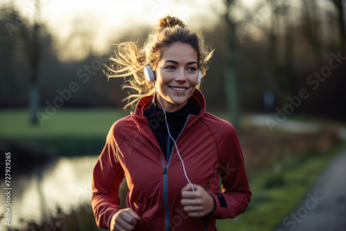 A woman wearing ear buds is seen jogging in a park surrounded by trees, with a serene expression on her face. © pham