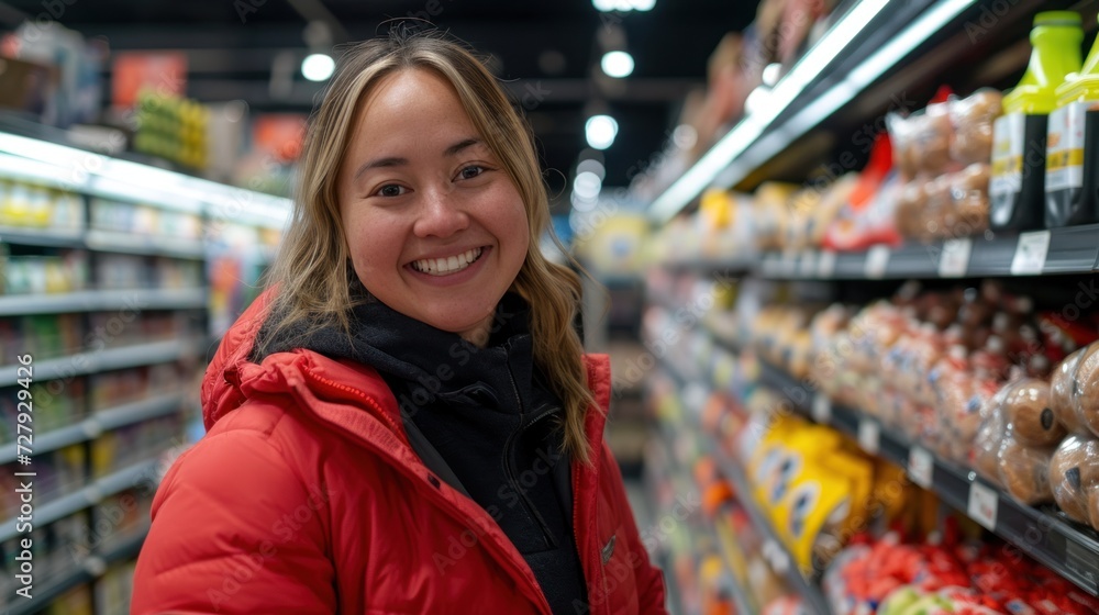 Smiling woman with Down syndrome works in a grocery store.