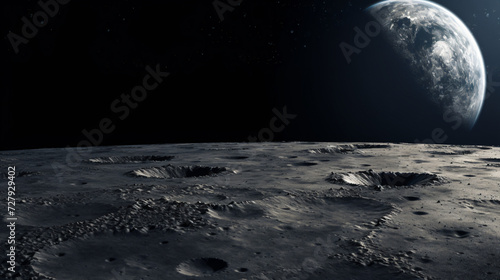 Moon surface with dark side. Earth on background.
