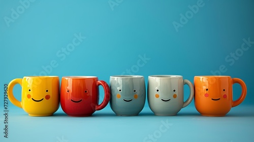 Cheerful collection of colorful mugs with smiling faces on a bright background photo