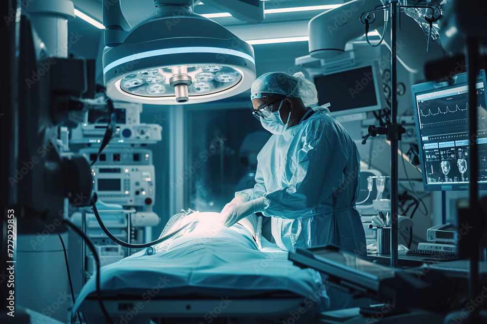 A futuristic medical setting where a surgeon is performing a bionic surgery with special equipment. A futuristic medical setting where a surgeon is performing a bionic surgery with special equipment.
