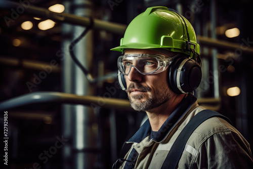 A man wearing a green hard hat and headphones focuses intently on his tasks.