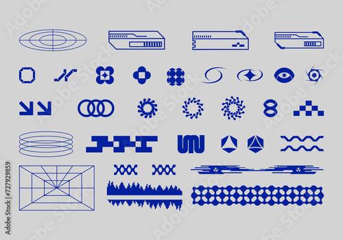 Futuristic abstract asset collection acid streetwear element shape vector icon y2k Bundle HUD interface game technology separated editable