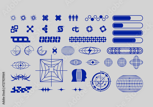 Futuristic abstract icon symbol asset collection acid shape streetwear element vector icon y2k Bundle HUD interface game technology editable