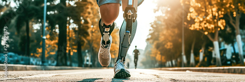 An individual with bionic legs confidently participating in a marathon, biomechanical enhancements on mobility. photo