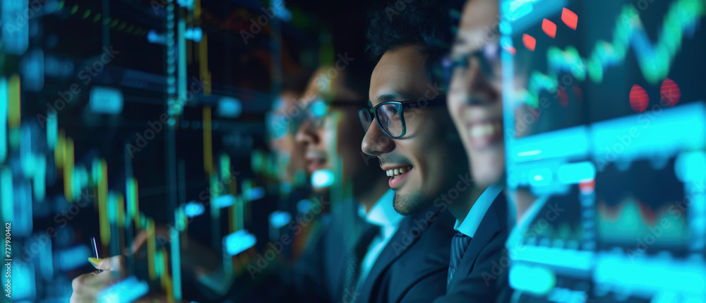 Virtual stock chart with an upward trend. A group of smiling businessmen analyze a virtual graph with applause. Virtual stock chart with an upward trend. A group of smiling businessmen analyze a virtual graph with applause.