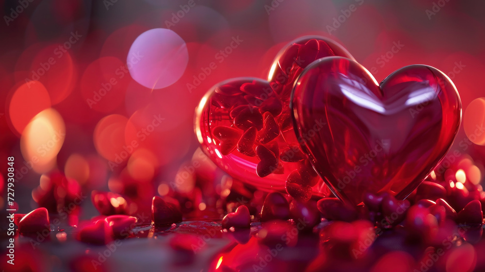 Valentine's background with copy space. Glass Heart made of sparkles on a red background. Valentine's background with copy space. Glass Heart made of sparkles on a red background.