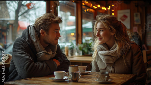 Happy couple laughing on a date outdoors on a snowy Valentine's Day. 