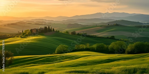 Golden hour over rolling hills, soothing landscape perfect for wall art and nature themes. tranquil, serene countryside at sunset. AI © Irina Ukrainets