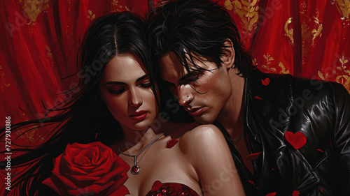 Passionate couple dancing tankgo on red background.