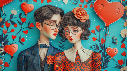 A couple of articulated dolls in glasses hug against a background of hearts.