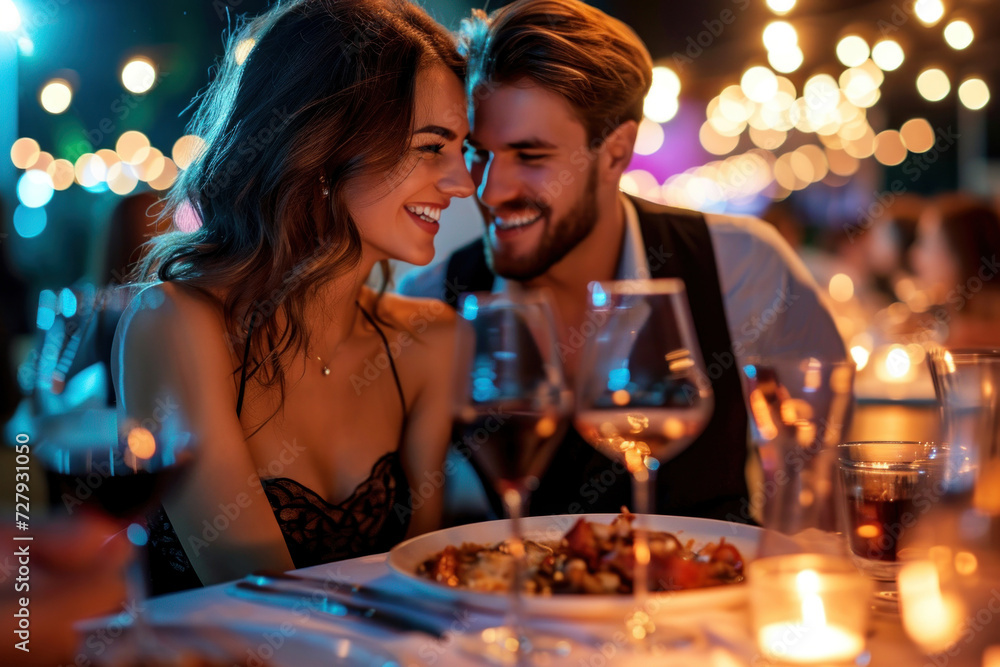Happy couple kissing on a date in a restaurant on Valentine's Day. Happy couple kissing on a date in a restaurant on Valentine's Day.