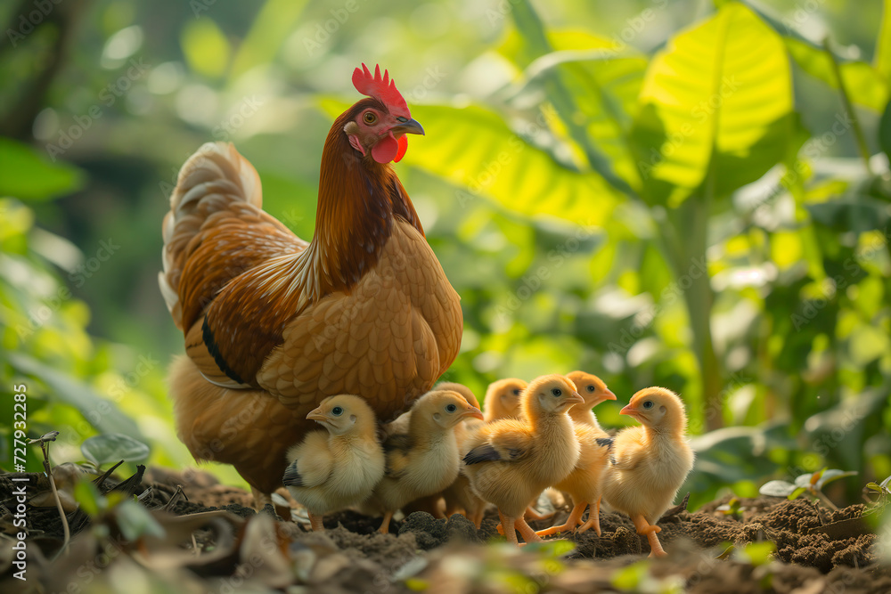 Fototapeta premium Mother hen surrounded by her adorable chicks