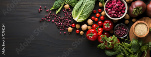Wide view from above banner image of Vegetarian Day food banner with different types of vegetables and fruit items in a manner on black color wooden table mockup © Sudarshana