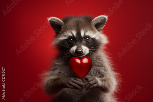 Small cute  fluffy raccoon is holidning a red hear in front of him with his hands © Inna