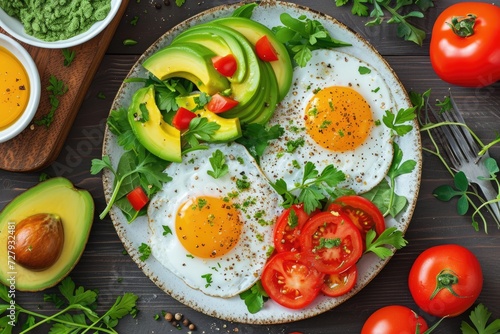 A colorful breakfast platter with fried eggs, fresh vegetables, and avocado slices