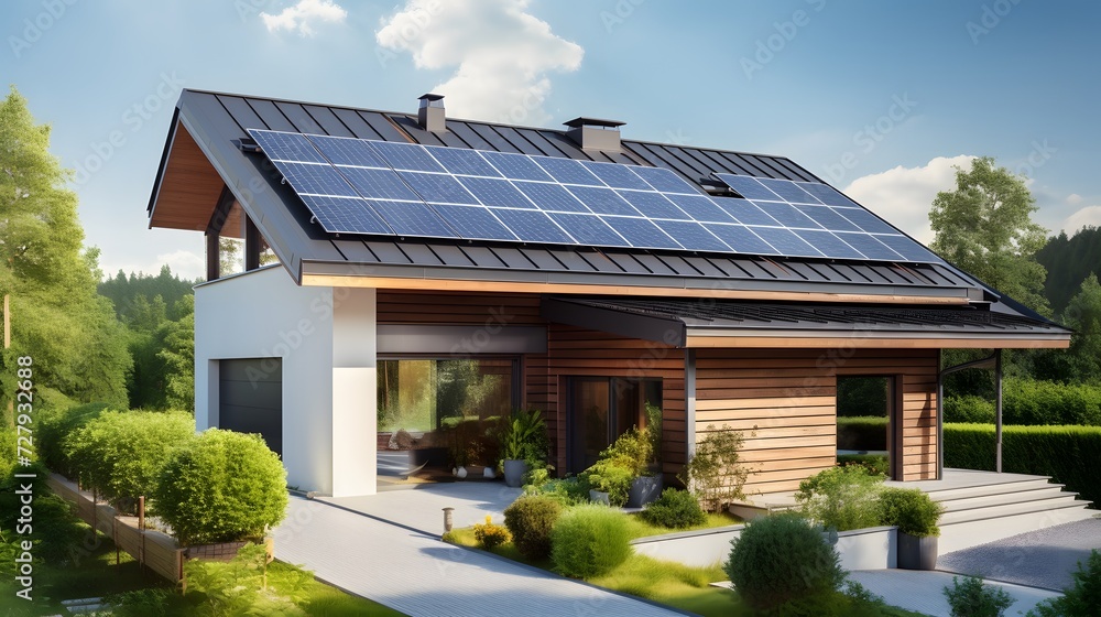 New suburban house with a photovoltaic system on the roof. Modern eco friendly passive house with solar panels on the gable roof, driveway and landscaped yard New suburban house with a photovoltaic system on the roof. Modern eco friendly passive house with solar panels on the gable roof, driveway and landscaped yard