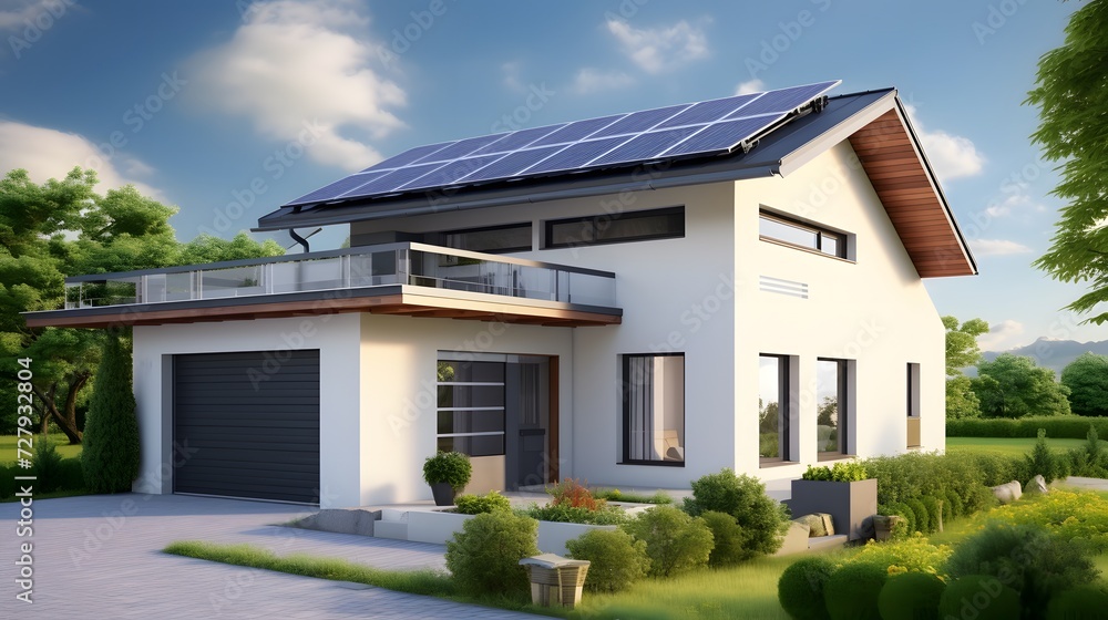 New suburban house with a photovoltaic system on the roof. Modern eco friendly passive house with solar panels on the gable roof, driveway and landscaped yard New suburban house with a photovoltaic system on the roof. Modern eco friendly passive house with solar panels on the gable roof, driveway and landscaped yard