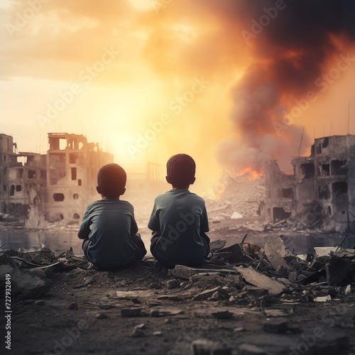 Two kids looking over ruins of city after war