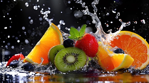 Set of fruit pieces with splashes of water on black background