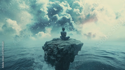 Man meditating on a rock above the sea
