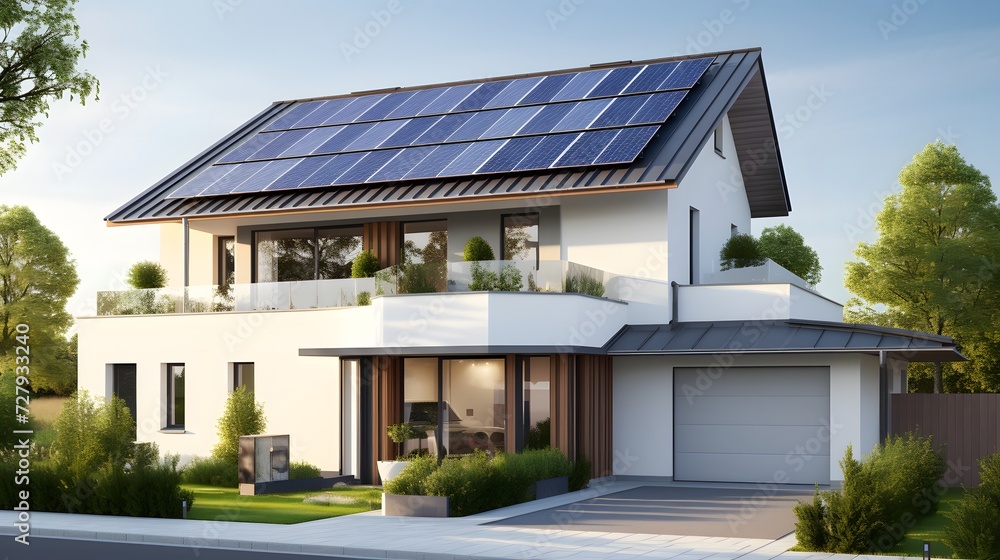 New suburban house with a photovoltaic system on the roof. Modern eco friendly passive house with solar panels on the gable roof, driveway and landscaped yard
