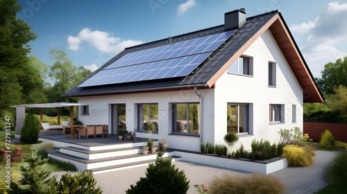 New suburban house with a photovoltaic system on the roof. Modern eco friendly passive house with solar panels on the gable roof, driveway and landscaped yard