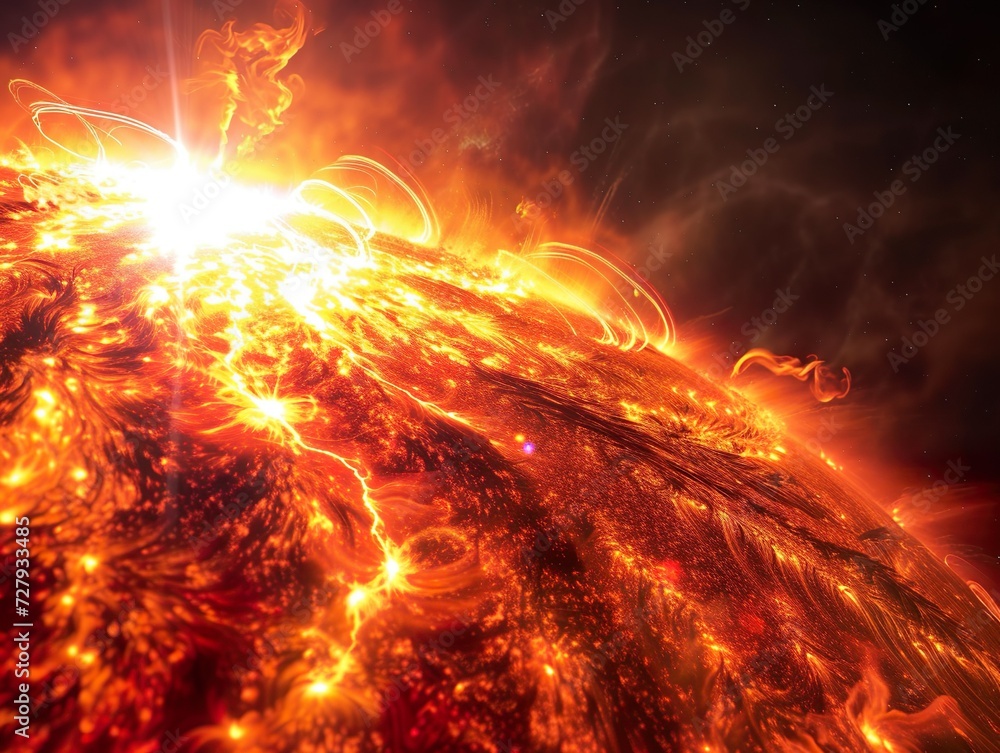 Surface of the sun with flames and heat