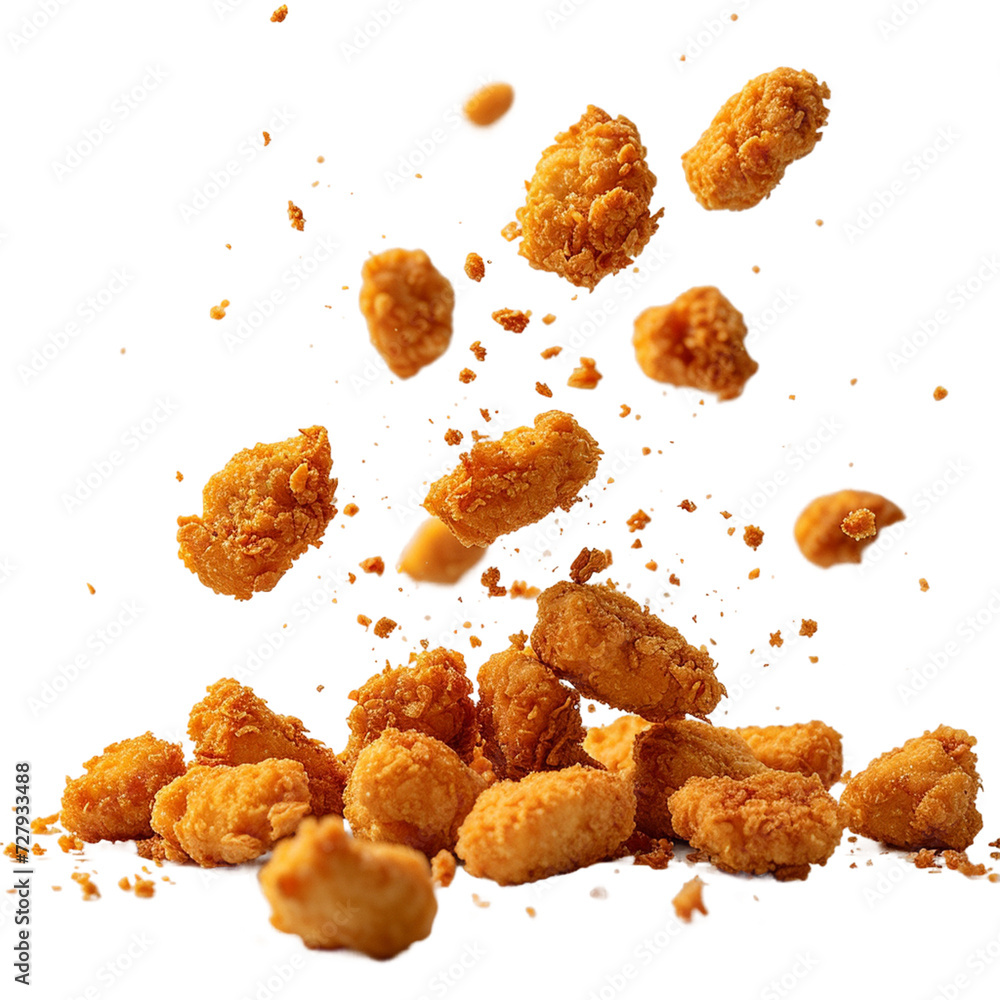 Fried chicken nuggets with crumbs falling.
Fried chicken nuggets with crumbs falling.