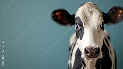 Close-up of a cow with distinctive markings exuding a serene farm life vibe photo