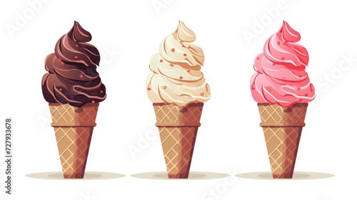 A set of three ice creams in a cone. Fruit colored ice creams. Watercolor illustration.