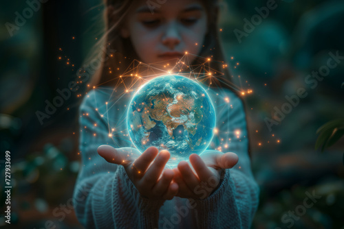 Close up of girl hand holding abstract blue world hologram on blurry nature background, Renewable energy. Earth day. Save world. Ecology and environment concept. Global warming