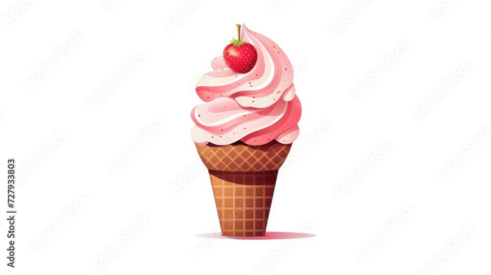 One icon of ice cream in a cone one white background. Fruit colored ice creams. Watercolor illustration. White background. One icon of ice cream in a cone one white background. Fruit colored ice creams. Watercolor illustration. White background.