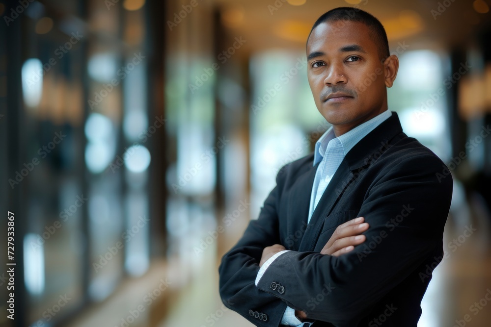 Portrait of a businessman with arms crossed, exuding confidence and authority in a corporate setting. Portrait of a businessman with arms crossed, exuding confidence and authority in a corporate setting.