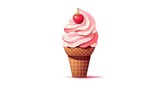 One icon of ice cream in a cone one white background. Fruit colored ice creams. Watercolor illustration. White background.