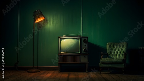 Retro old TV It's still life with green screen in dark room photo