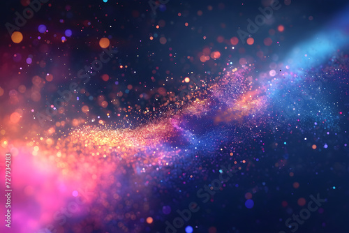 Abstract blue, purple and pink glitter lights background. Night sky with stars. Gradient blue and purple colorful space texture with stardust and milky way. Magic color galaxy