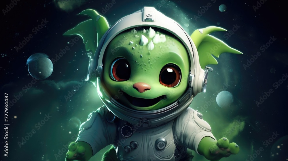 Obraz premium A cute little smiling green dragon is an astronaut in space.
